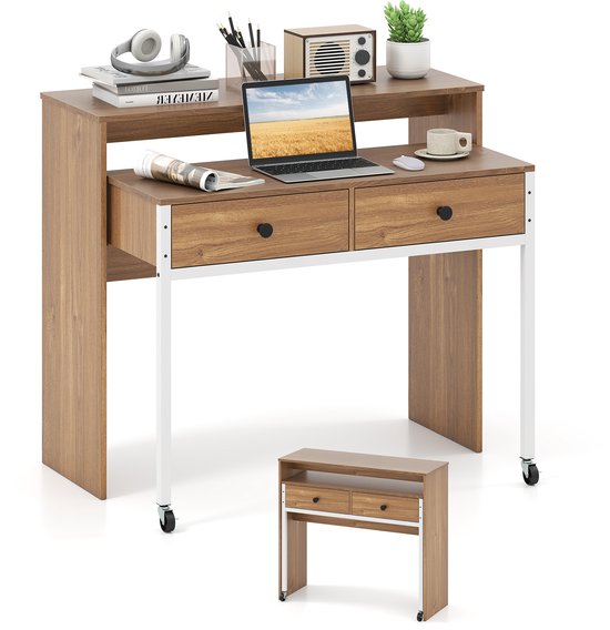 COSTWAY Bureau uittrekbaar, kleine computertafel met 2 laden en wieltjes, bureautafel met metalen frame, werktafel, pc-tafel voor thuis, kantoor, 100 x 63 x 88 cm (natuur)