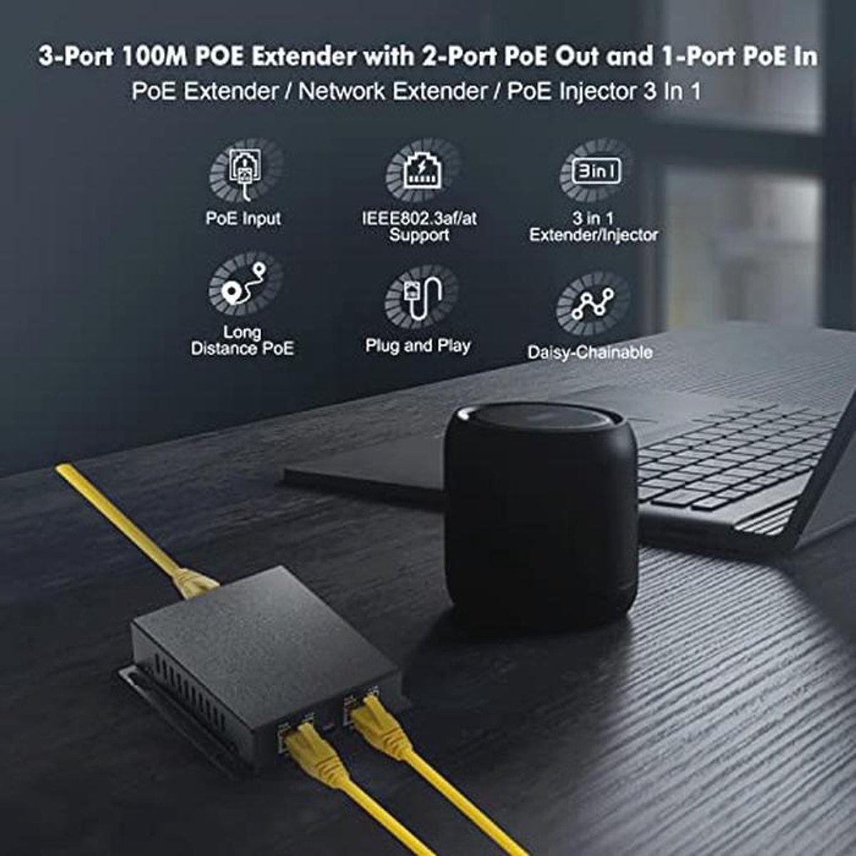 PoE Extender 1 PoE In 2 PoE Out 10/100 Ethernet voor Muren
