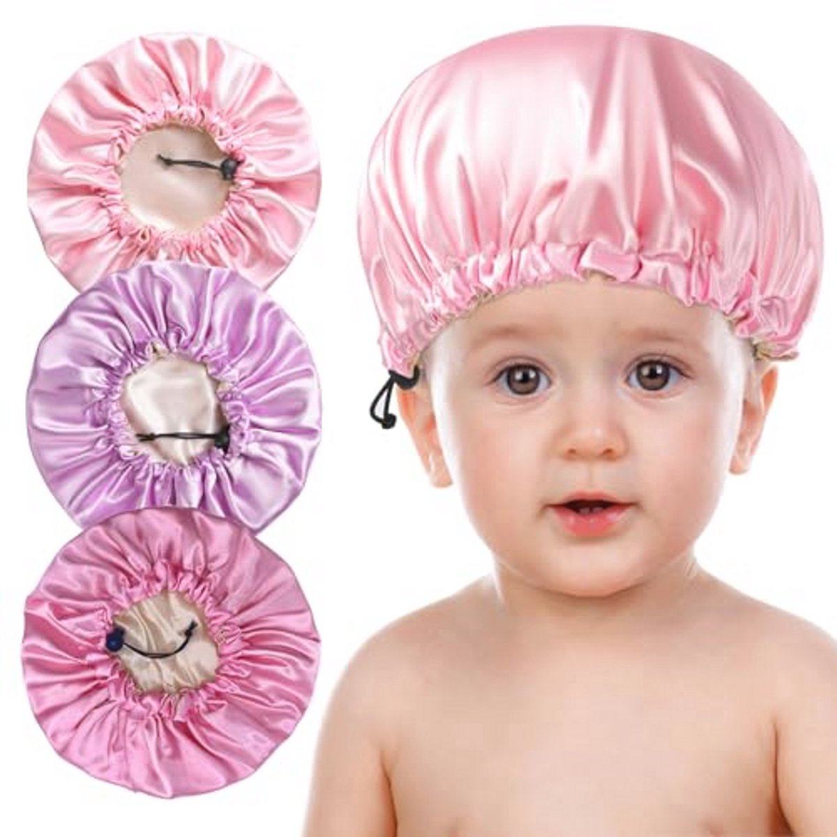 Satijnen Slaapmutsen Set van 3 - Verstelbare Nachtmutsen voor Natuurlijk Haar - Omkeerbare Bloemennachtpetten voor Tieners, Peuters, Kinderen en Baby's - Roze en Paars
