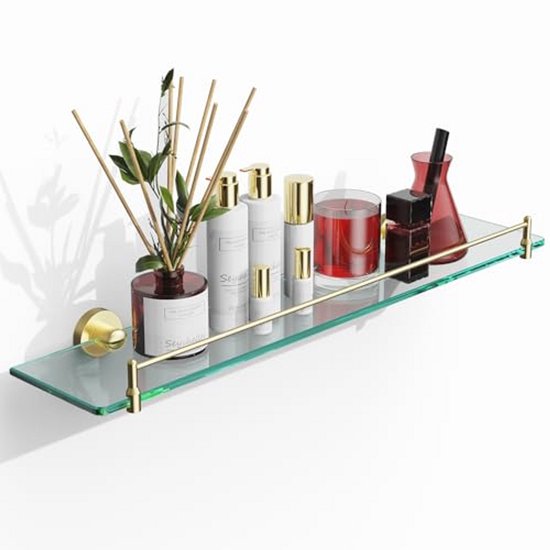 Étagères de Salle de Bain en Verre Flottant 24 Pouces - Acier Inoxydable Moderne et Goud Brossé