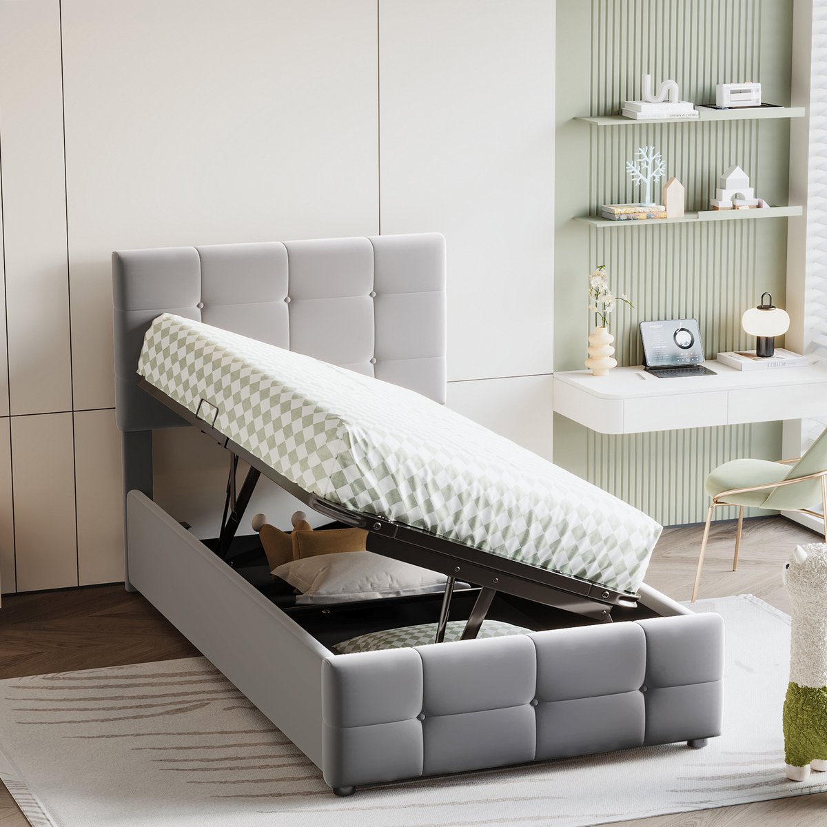 REDOM Ledikant 90x200 cm, gestoffeerd fluweel, met hydraulische opbergruimte en verstelbaar hoofdeinde, grijs