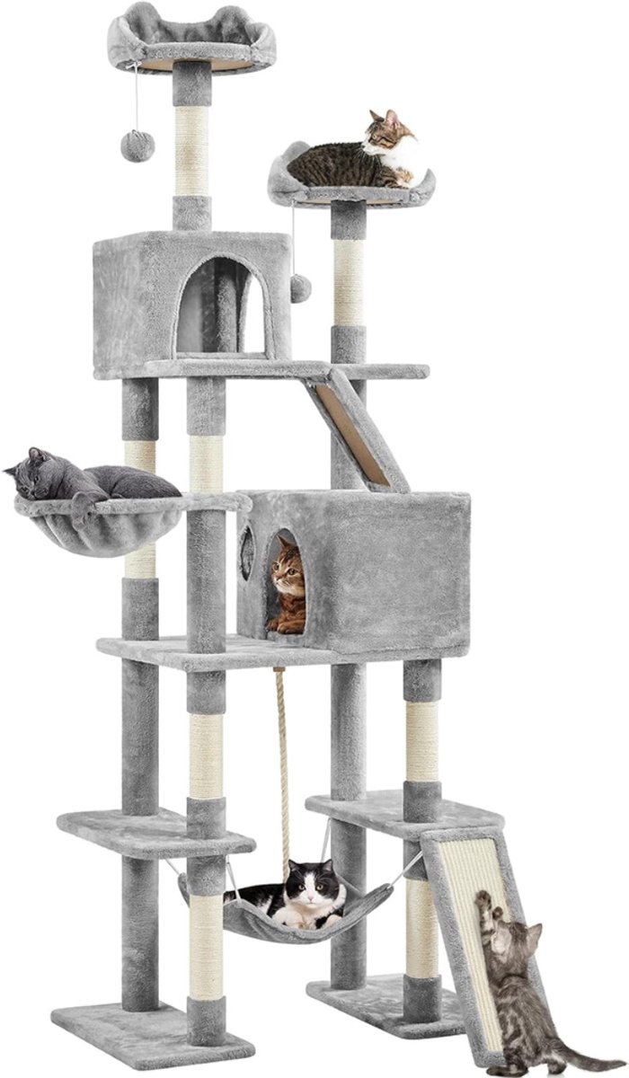 Yaheetech Krabpaal 209 cm hoog tot aan het plafond, XXL grote krabpaal, stevige klimpaal met sisaltouw, mand, hangmat