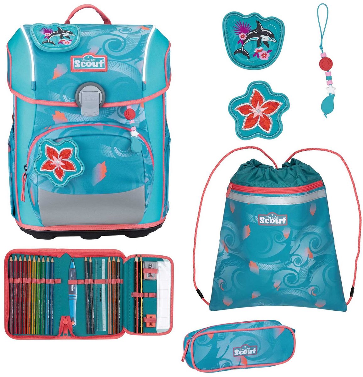 Scout schooltas Safety Light Neo Set 4-delig Aloha Lichtblauw