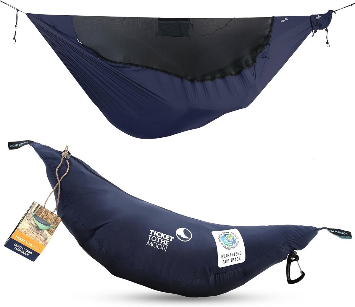 Lightest PRO hangmat - Ultralicht (590 g), compact (325 cm x 140 cm) - incl. insectenbescherming en geïntegreerde ridgeline - variabele lengte (tot 3,1 m), opslagsysteem (marineblauw)
