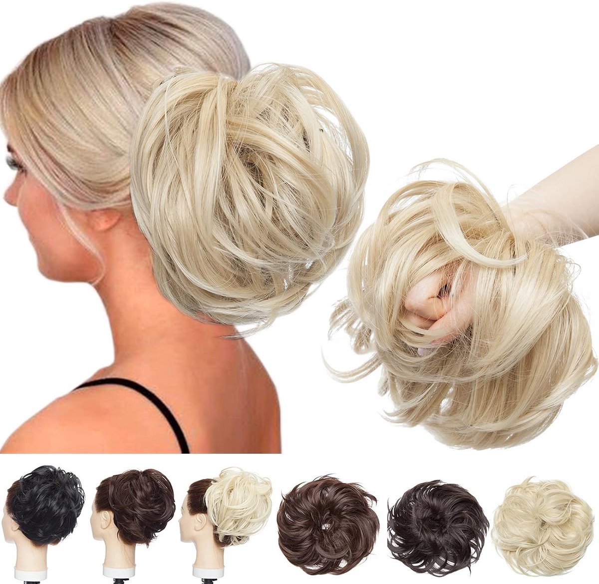 Non- অতুলHair Buns Extensions Klittenband Assortiment XL 80g Golvend Asblond & Bleekblond