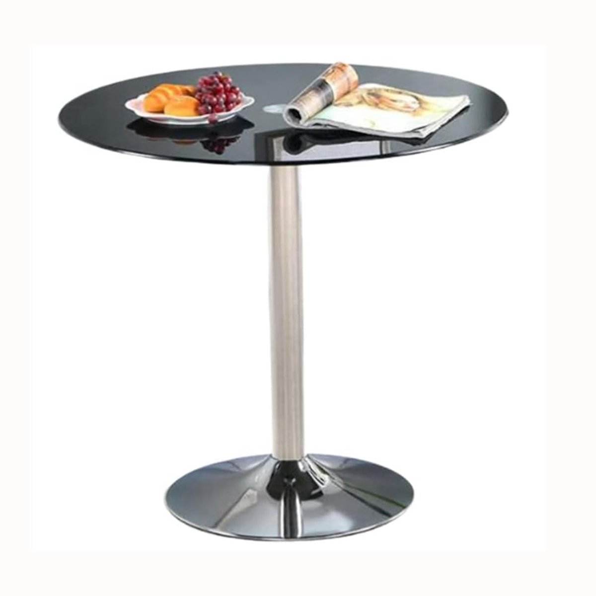 Unyqoos Ronde zwarte glazen eettafel met chromen sokkel voor moderne interieurs