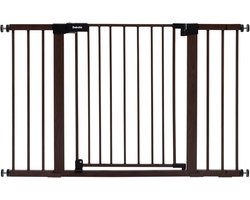 BABELIO 29-48 Inch Black Wood Pattern Baby Fence Automatic Close Dog Fence for Home, Stairs and Doorways, Pressure Mounted Pet Gate with Door, with Y Spindle Rods