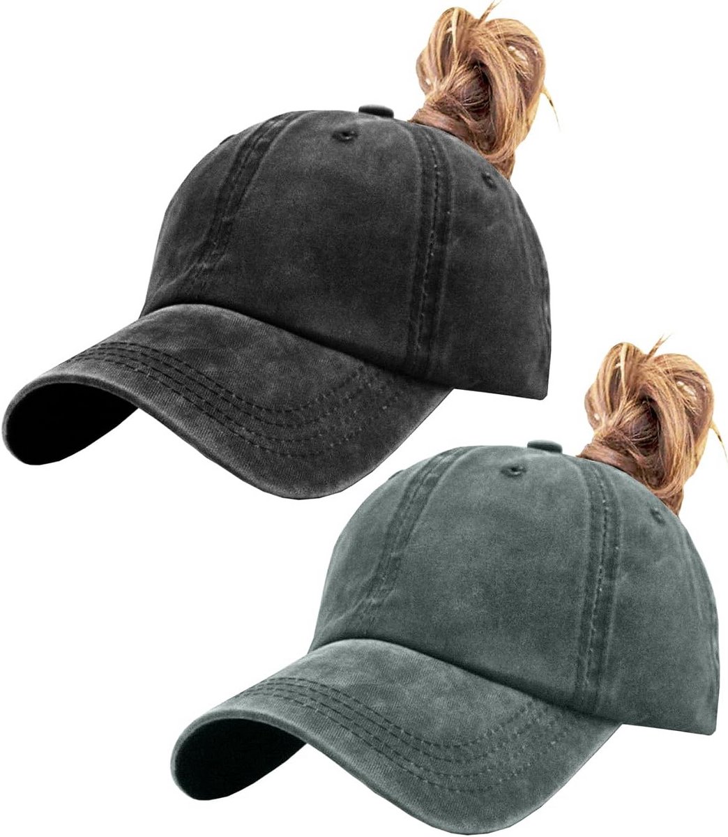 Vintage Washed Distressed Baseball-Cap voor Dames met Paardenstaart Gat