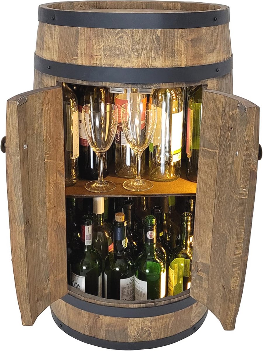 Houten wijnvat met deuren - handgemaakt flessenrek voor huisbar en whisky bar