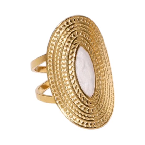 Gouden ovale ring met een witte steen en een dubbele band.
