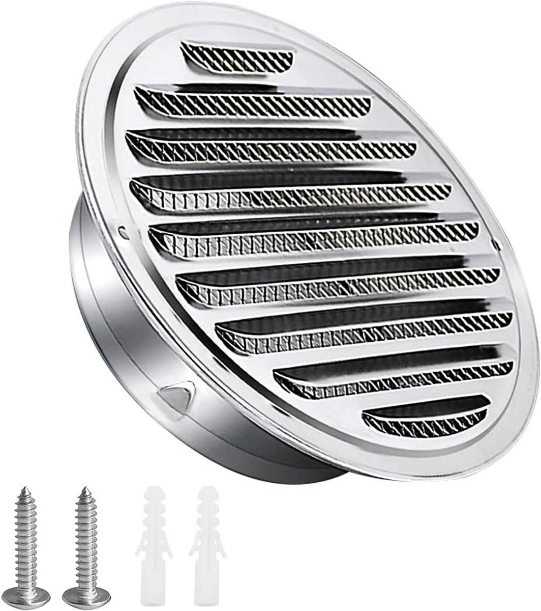 Ventilatierooster RVS 100 mm - Rond Afvoerrooster met Schroeven en Insectengaas voor Garag