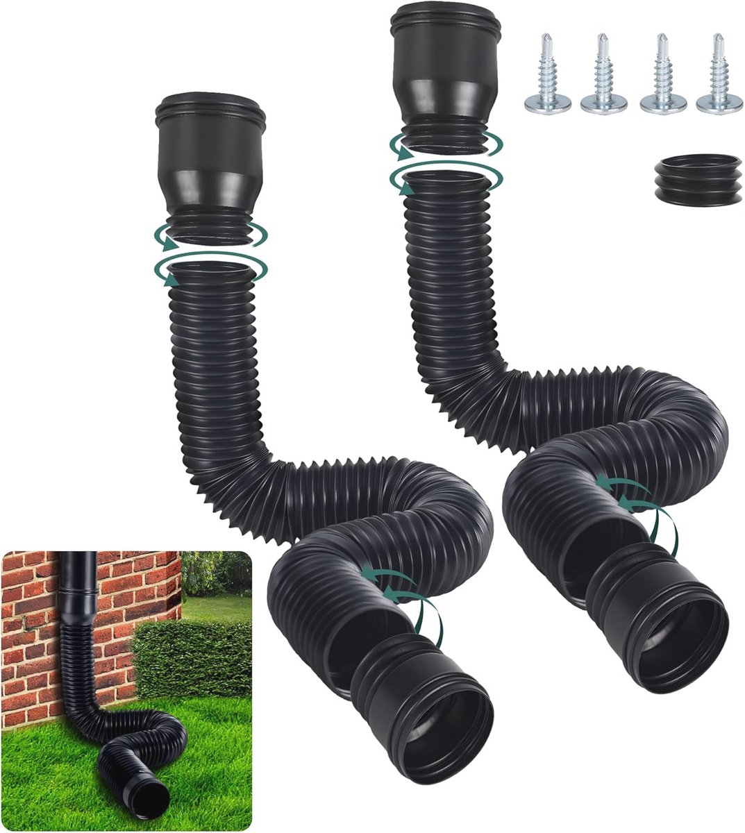 Flexibele Regenpijp Verlenger voor Regenwaterafvoer 80/100 mm - Verlengset van 47 tot 150 cm (Zwart, 2 Stuks)