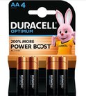 Pak met 4 Duracell Optimum AA batterijen met de Duracell bunny. Tekst: '200% MORE POWER BOOST'.