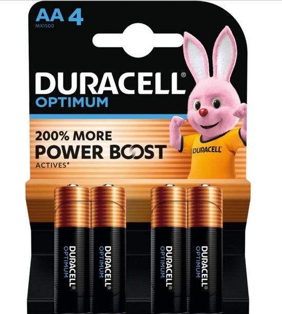 Pak met 4 Duracell Optimum AA batterijen met de Duracell bunny. Tekst: '200% MORE POWER BOOST'.