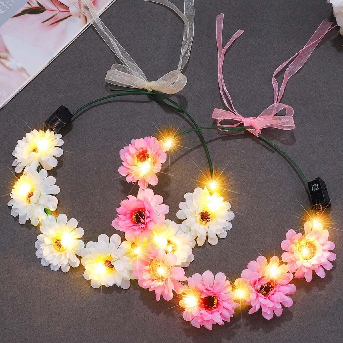 Led Bloemenkroon Hoofdband - Oplichtende Zonnebloem Hoofddeksel voor Feesten en Bruiloften - 2 Stuks (Roze + Beige)