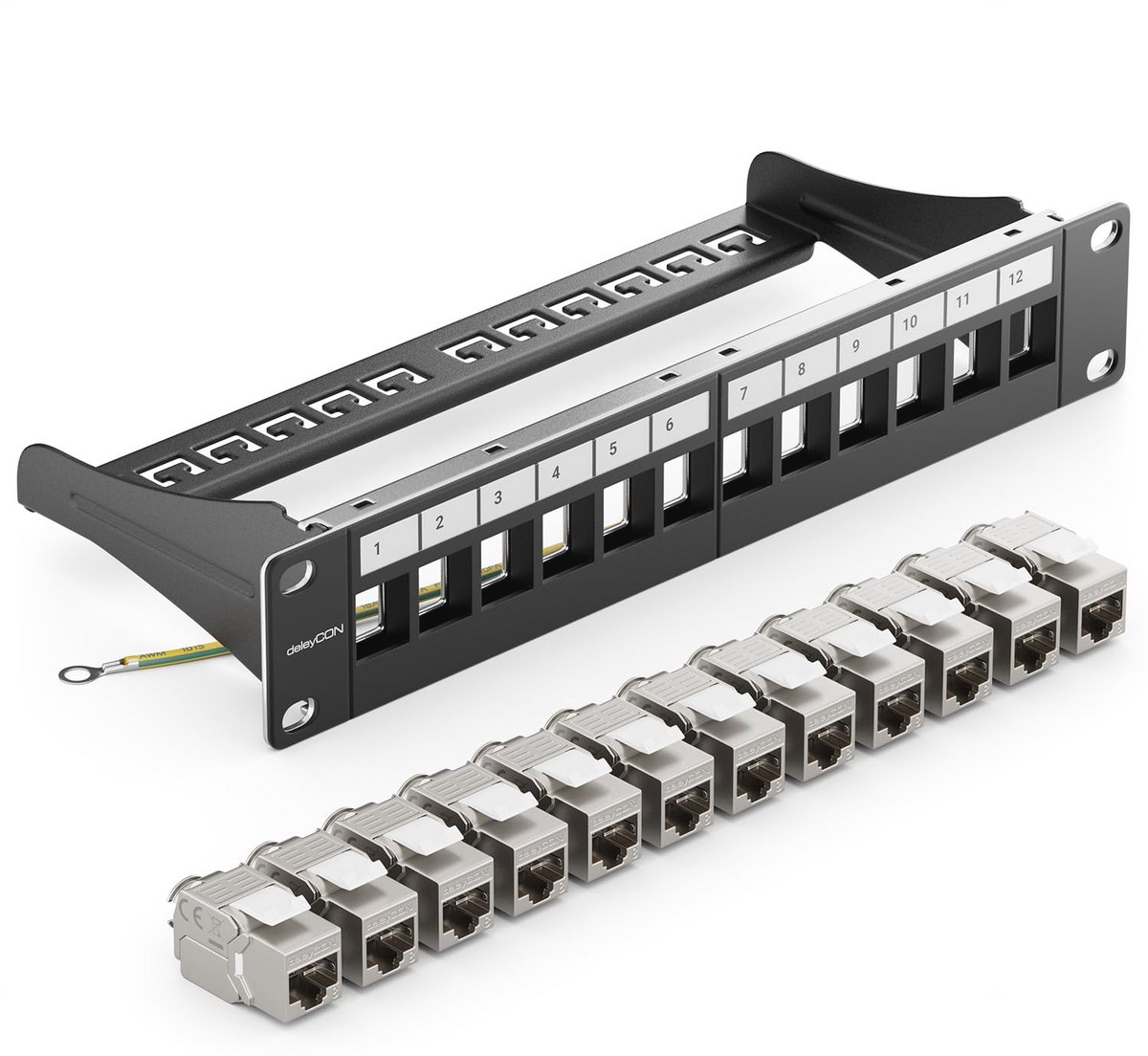12-Poorts CAT 8 Patchpaneel Set met 12x RJ45 Keystone-Jackmodules voor 40 Gbit/s