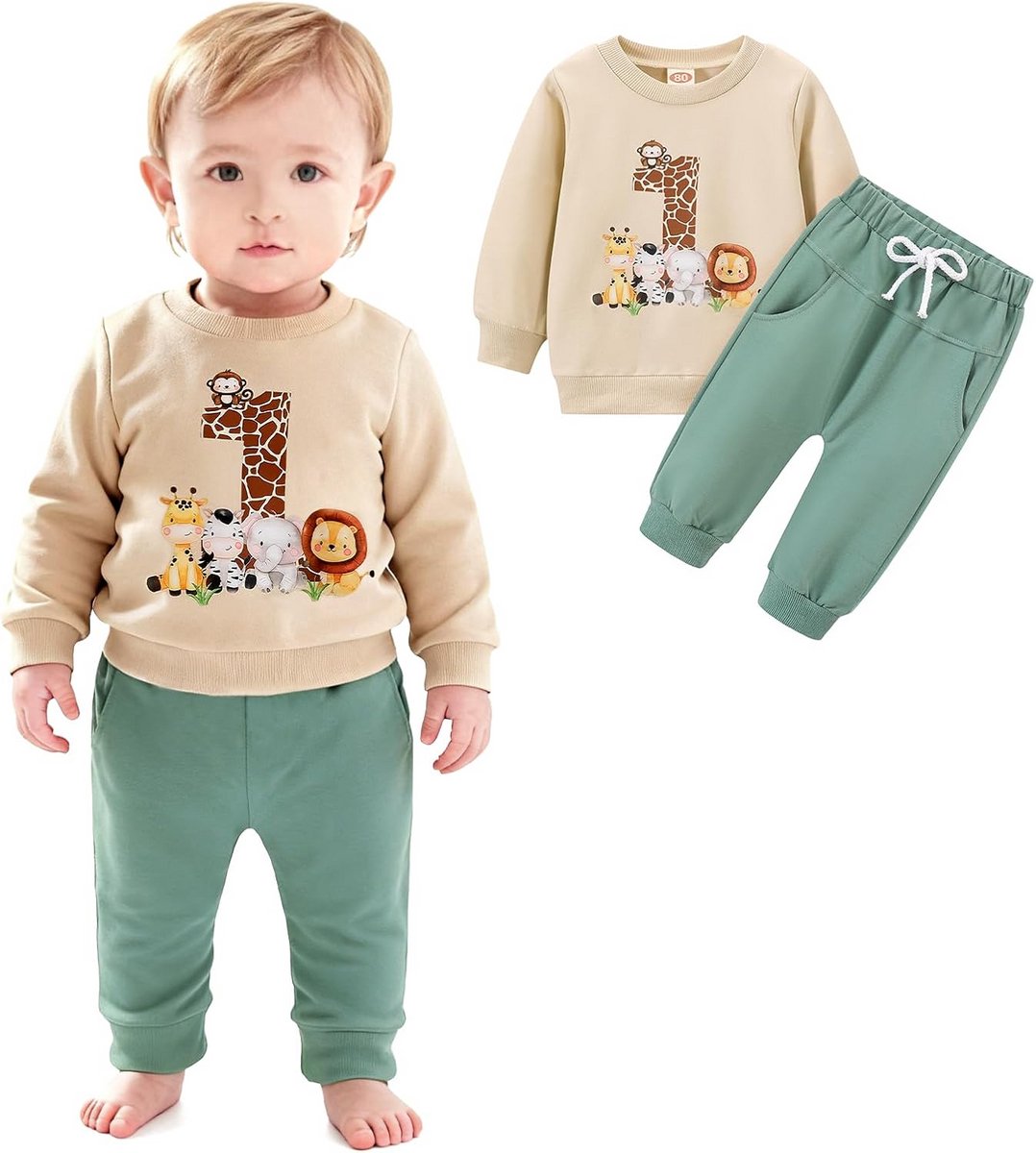 Verjaardagsoutfit Jongen Eerste Verjaardag Set Beestjes Print Lange Mouwen en Broek