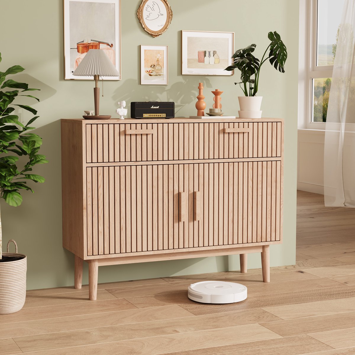 Moderne ladekast met 2 lades en 2 deuren, houten ladekast met lades voor slaapkamer, woonkamer of hal, 100x35x80cm (hout, 2 lades, 2 deuren)