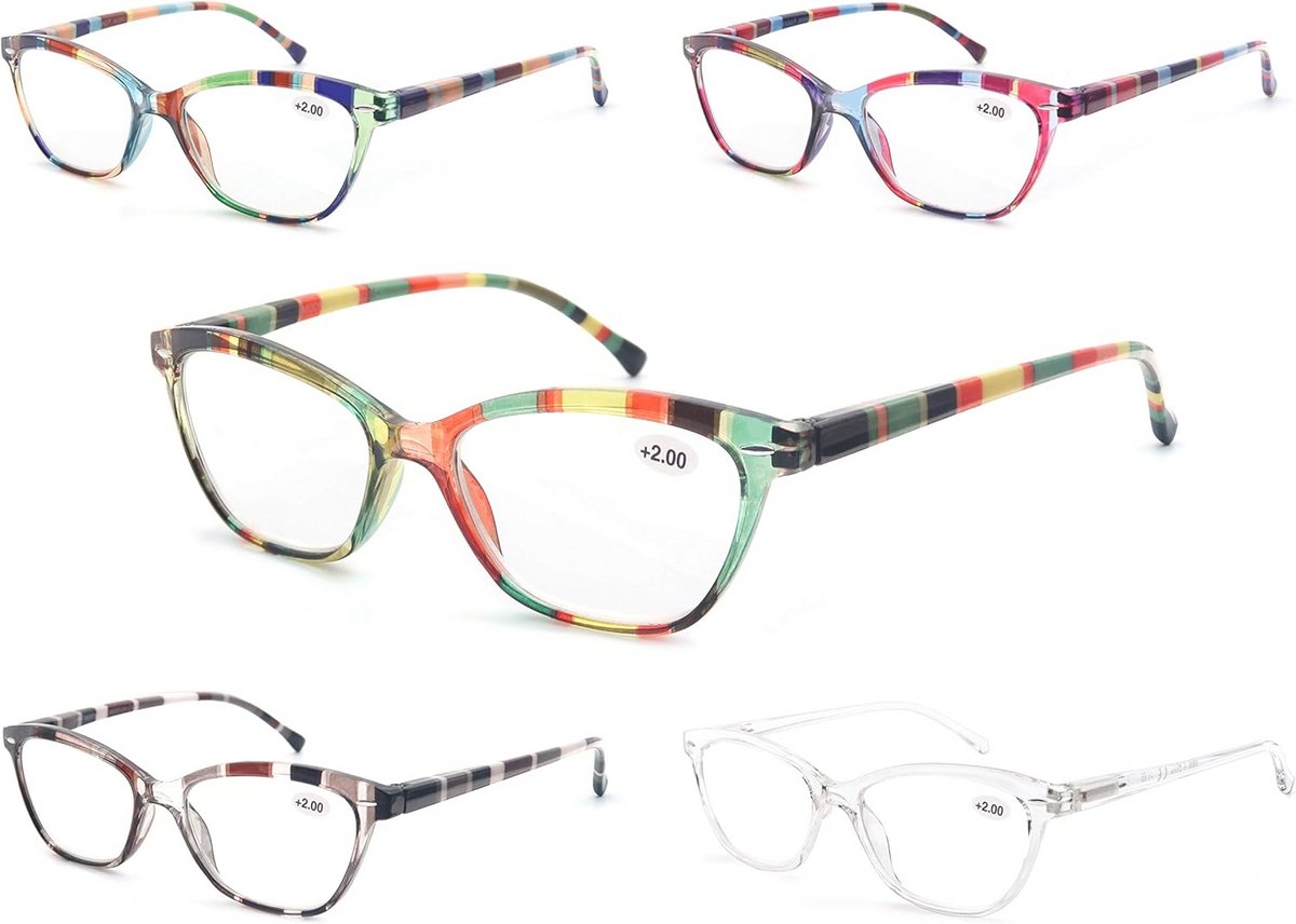 MODFANS 5 paar modieuze leesbrillen voor dames 3.0 om te lezen, comfort, veerscharnier, kattenoogframe, elegante look, levering met etui