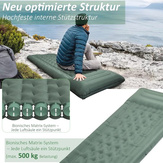 Zelfopblazende Campingmat 12 cm - Luchtmatras met Voetpomp, Kussen, Waterdicht en Ultrakneed van Merkloos — afbeelding 2