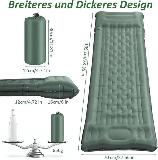 Zelfopblazende Campingmat 12 cm - Luchtmatras met Voetpomp, Kussen, Waterdicht en Ultrakneed van Merkloos — afbeelding 4