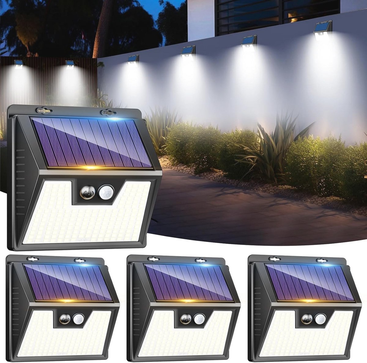 4 Zonnelampen met Bewegingssensor voor Buiten - 176 Leds, Waterdicht, 3 Verlichtingsmodi