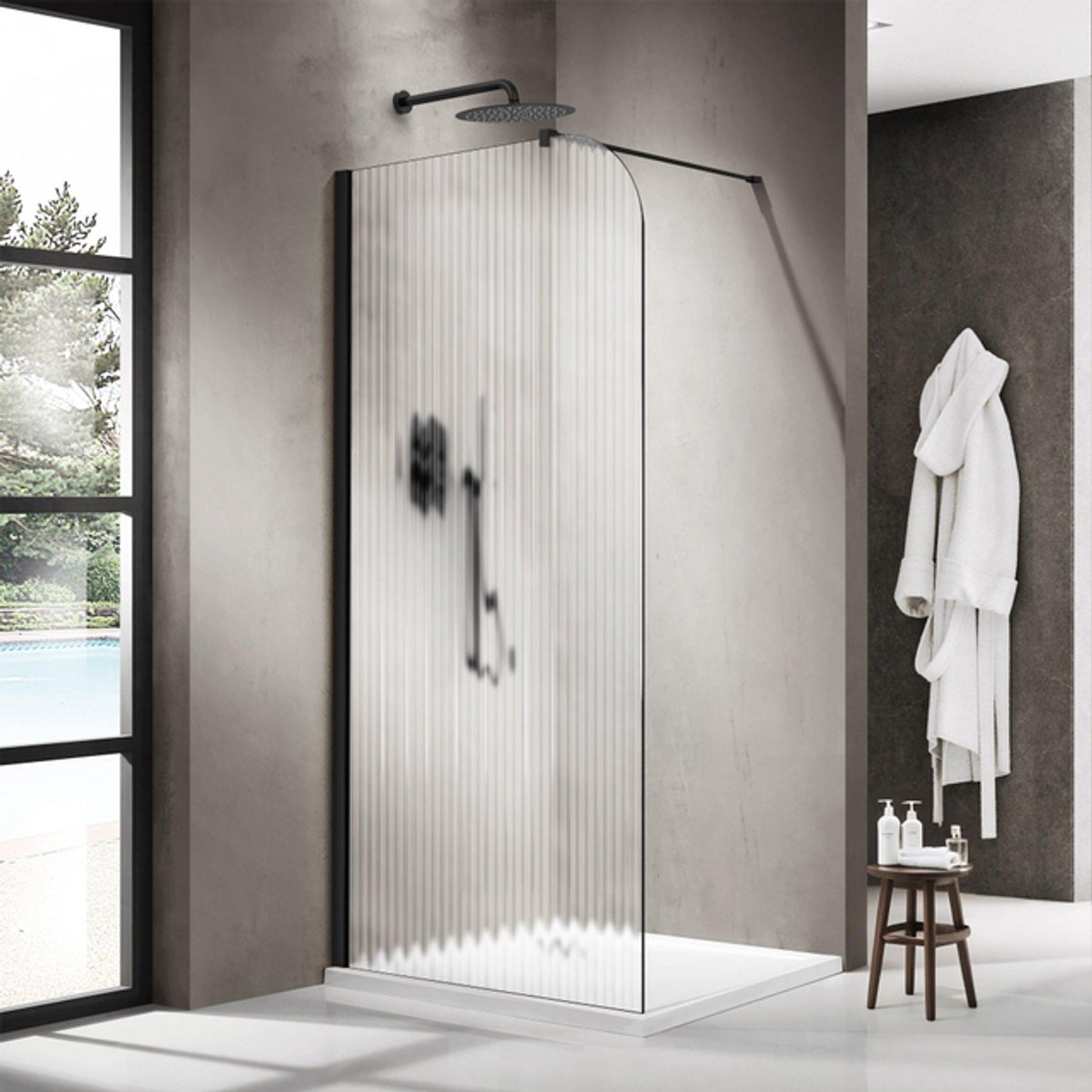FugaFlow Eccelente Vetro Inloopdouche - 110x200cm - afgeronde glaswand - links - ribbel glas - wandarm - mat zwart