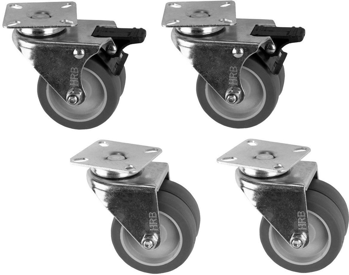 Dubbele zwenkwielen 75 mm - 4 stuks met rem - Draagvermogen 100 kg - Transportwielen