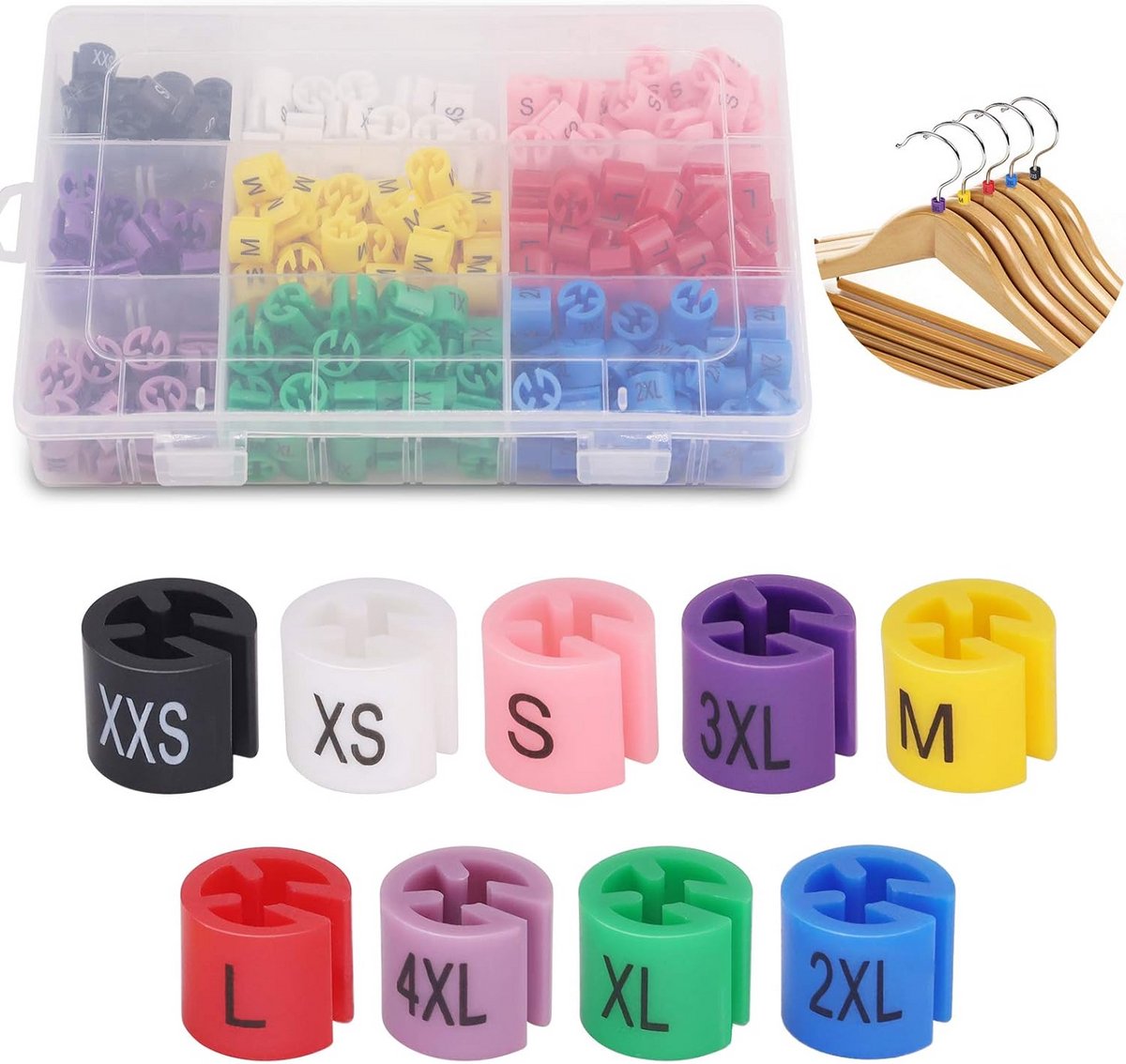 Kleding Hanger Maat Markers Kleurcodering 290 Stuks van XXS tot 4XL met Opbergdoos