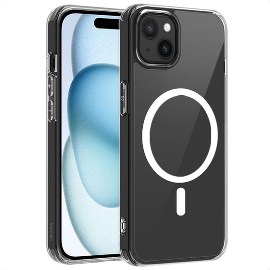 Coque arrière de protection transparente pour iPhone 15 avec cercle MagSafe.