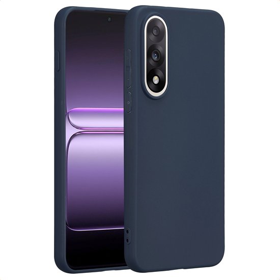 Donkerblauwe telefoonhoes met drievoudige camera op de achterkant, op een witte achtergrond.