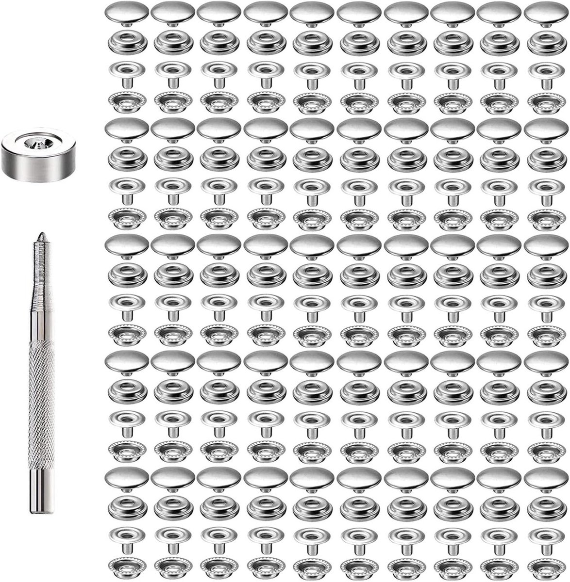 Allecta - Drukknopset RVS 15mm - 200 Stuks - Bevestigingsset voor Tassen, Jeans, Kleding - Incl. Instelgereedschap - Stof, Lederhandwerk
