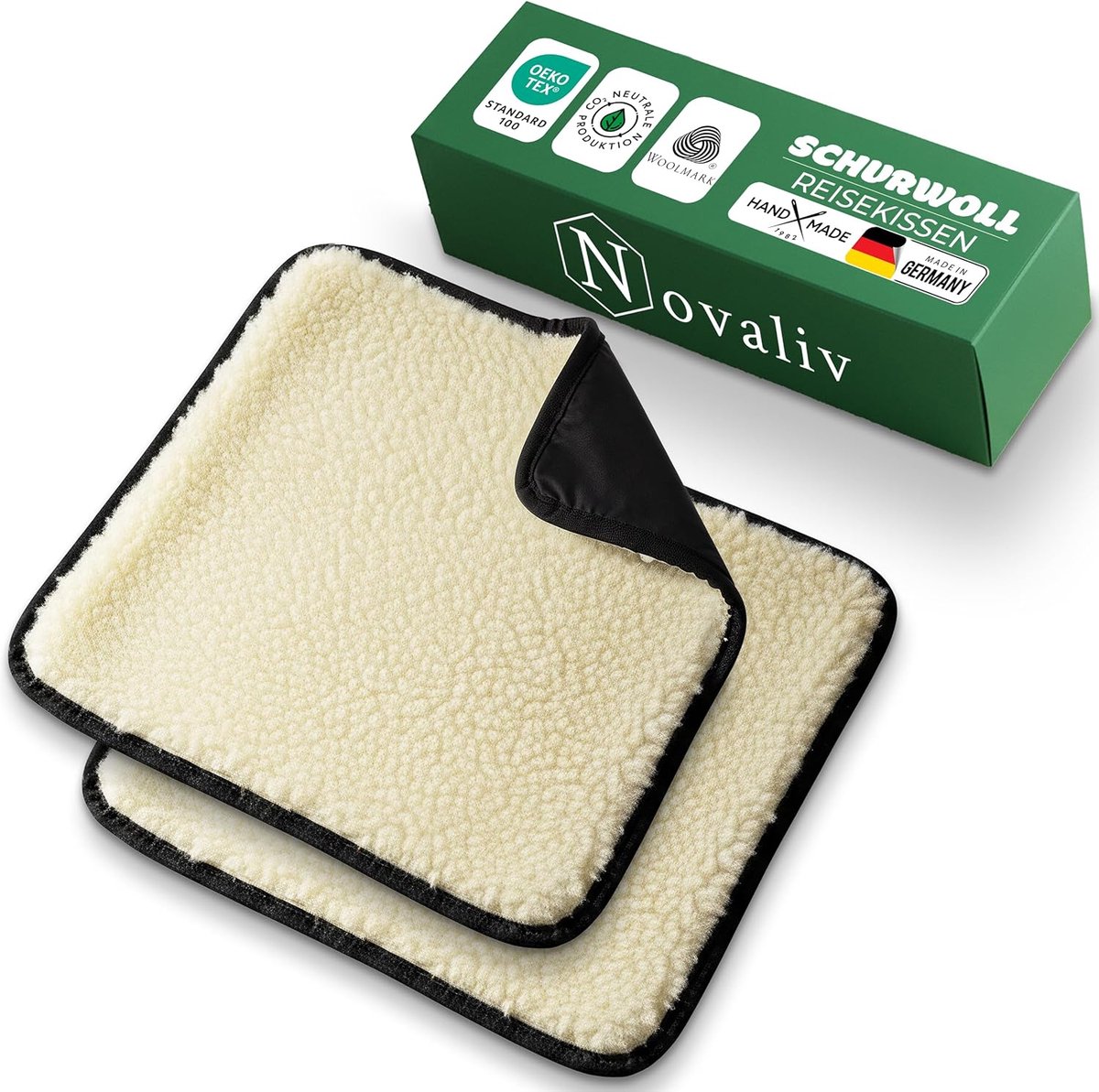 Novaliv 2-pack reiszitkussens, 37 x 37 cm, naturel, opvouwbaar, zuivere scheerwol, waterafstotende PA-achterkant, isolerend, ademend, lichtgewicht voor handbagage - zitkussen voor buiten in trein, vliegtuig, bus, stadion