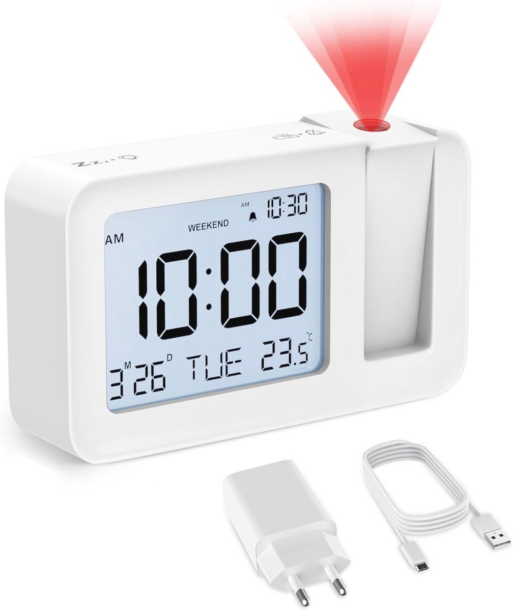 CHEREEKI Wekker, Projectiewekker, Digitale Wekker met Adapter, Temperatuur, Datum, 4 Helderheid, 3 Projectorhelderheid, 2 Volume, Snoozefunctie, voor Nachtkastje, Slaapkamer, Kantoor
