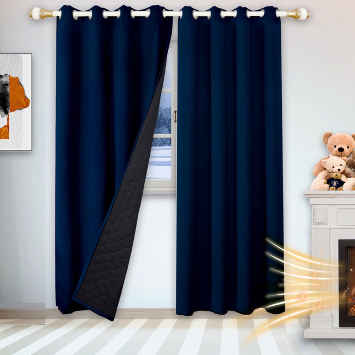 MUPOO isolerend thermisch gordijn met ringen – 405gsm verduisterend quilted raamgordijn tegen kou, hitte en geluid, voor woonkamer en slaapkamer, 1 stuks, Donkerblauw, B132×L244cm