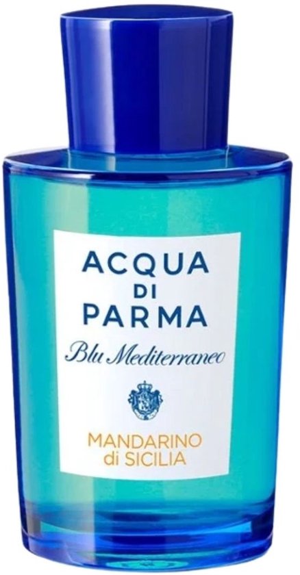 Acqua Di Parma Blu Mediterraneo Mandarino di Sicilia Eau de Toilette, helderblauwe fles met witte etiket en blauwe dop.