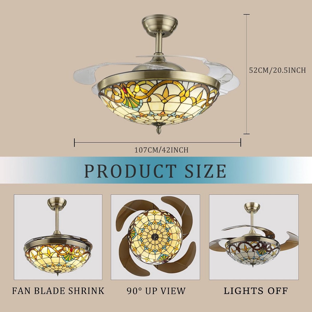 Plafondventilator met Licht en 6 Snelheden Tiffany Stijl Dimbaar – foto 4