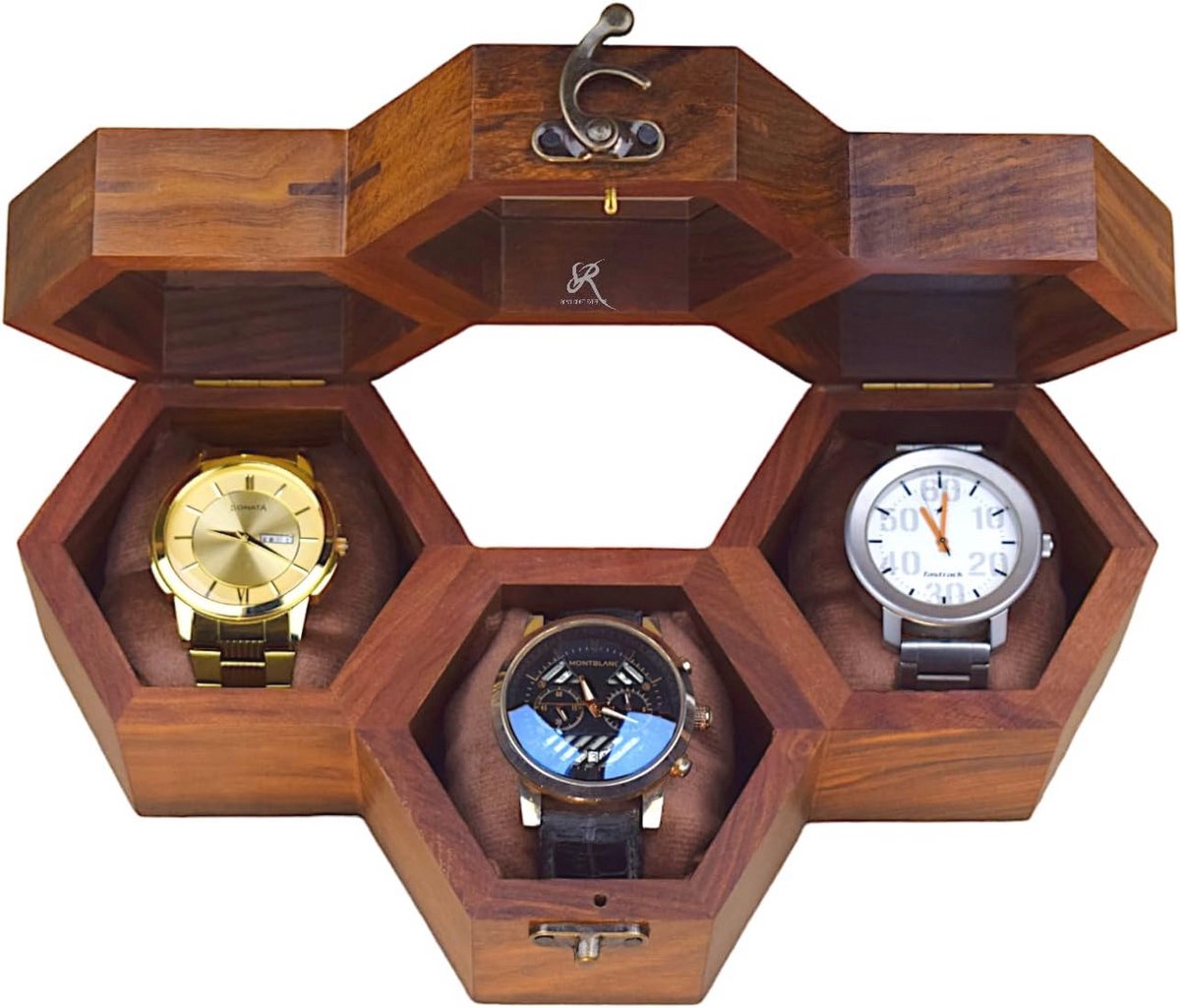 Houten Horlogebox voor Mannen - Luxe Houten Organizer met Glazen Deksel voor 3 Horloges - Elegant Cadeau voor Hem