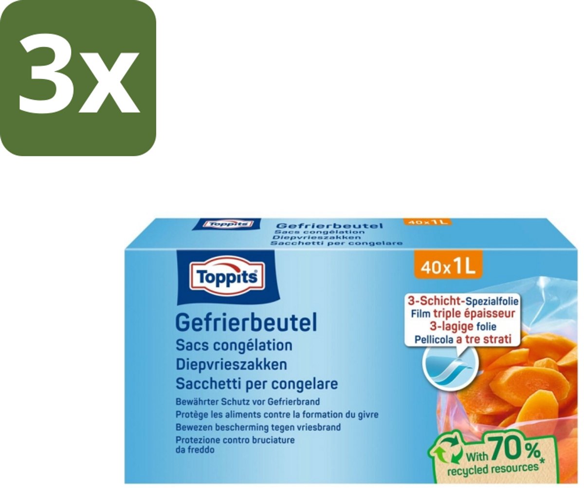 Toppits – Diepvrieszakjes – 1 Liter – 40 Zakjes - Bulkverpakking - 3 stuks