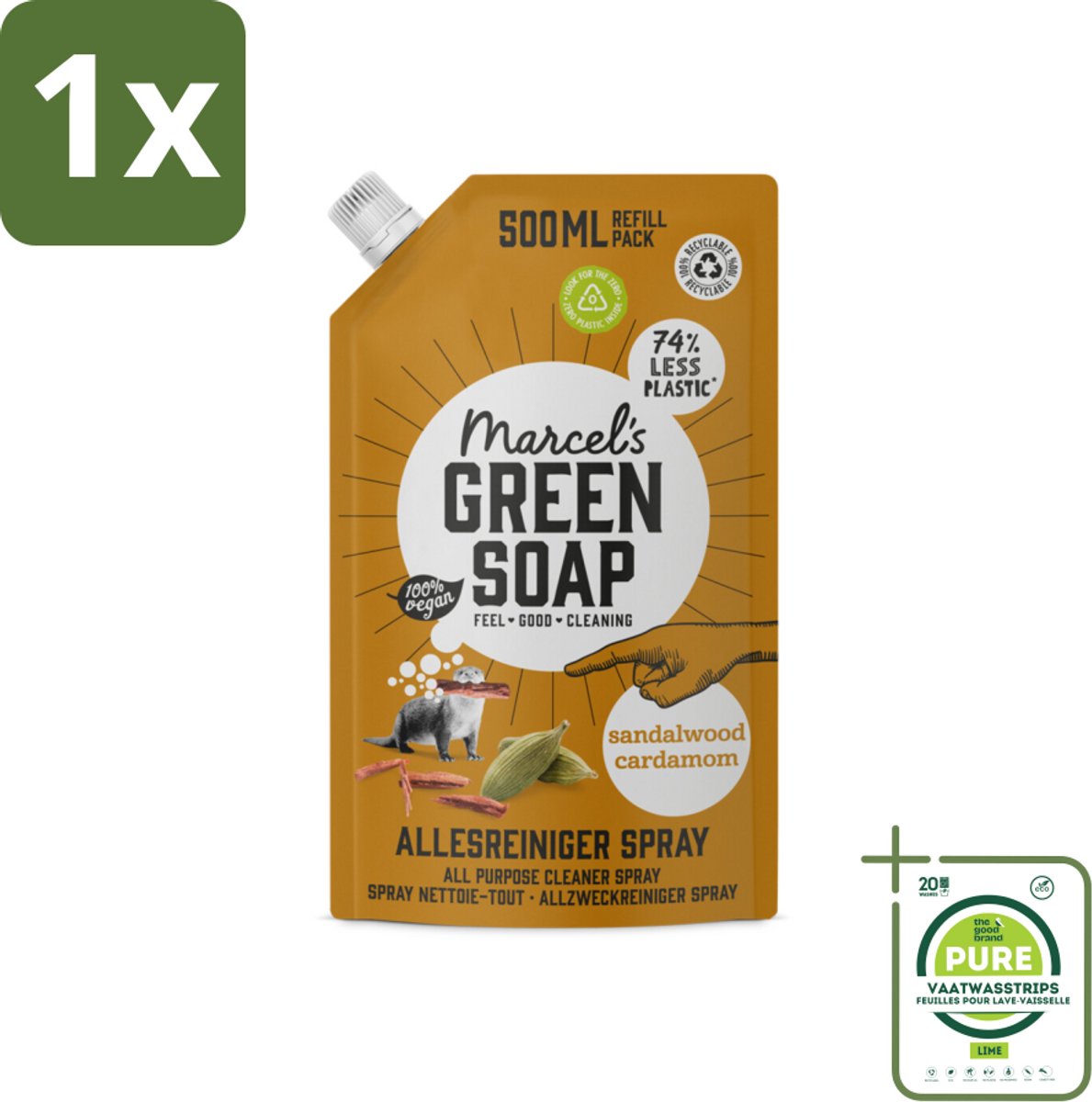 1 x Marcel's Green Soap - Allesreiniger Spray - Navulling - Sandelhout & Kardemon - Frisse reiniging - 500 ml - Allesreiniger - Schoonmaakmiddel - Milieuvriendelijk - Biologisch Afbreekbaar - Sandelhout