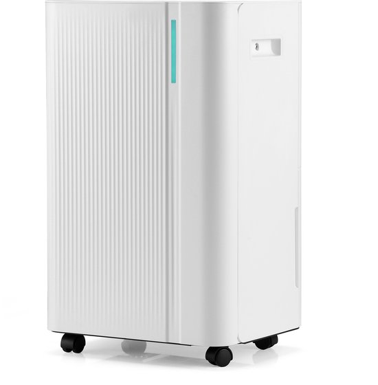 Witte Dryconic luchtontvochtiger met verticale ribbels aan de zijkant en een blauwe indicator.