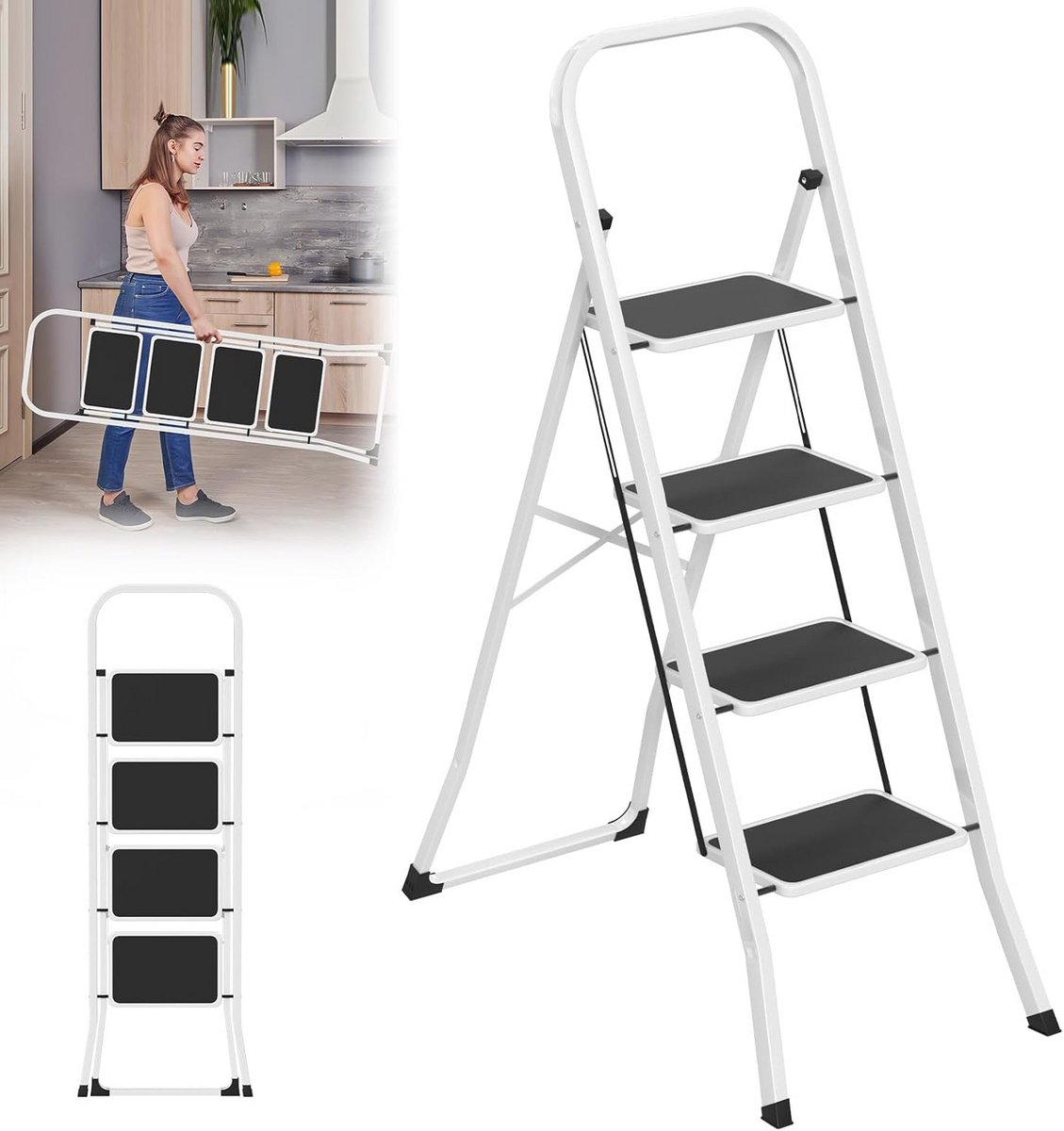 Inklapbare 4-treden Trapladder met Anti-Slip Treden - Ruimtebesparende Vouwladder voor Huishouden en Kantoor
