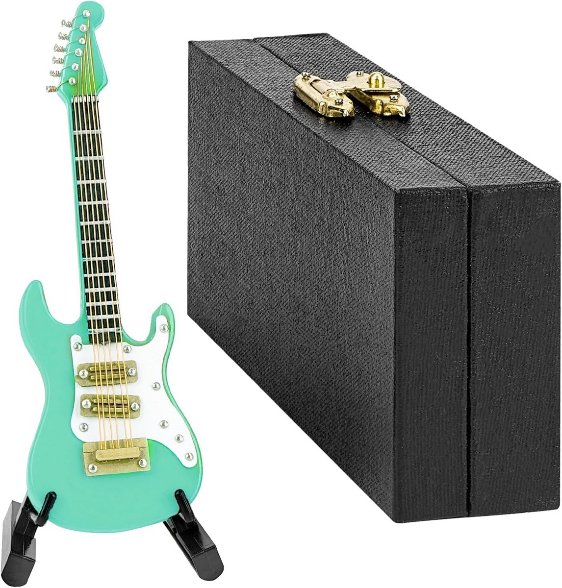 Mini elektrische gitaar met standaard en koffer - Decoratieve 10 cm gitaar voor bureau of muziekstudio - Perfect cadeau voor gitaarliefhebbers