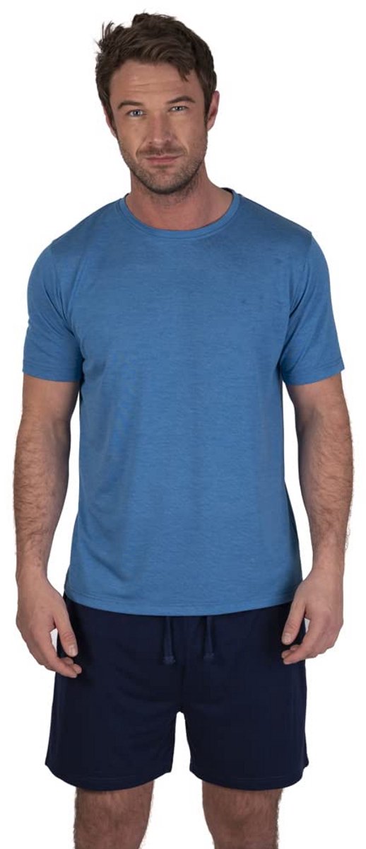 Heren Ronde Hals Pyjama Set met Shorts in Blauw - Comfortabele en Stijlvolle Loungewear