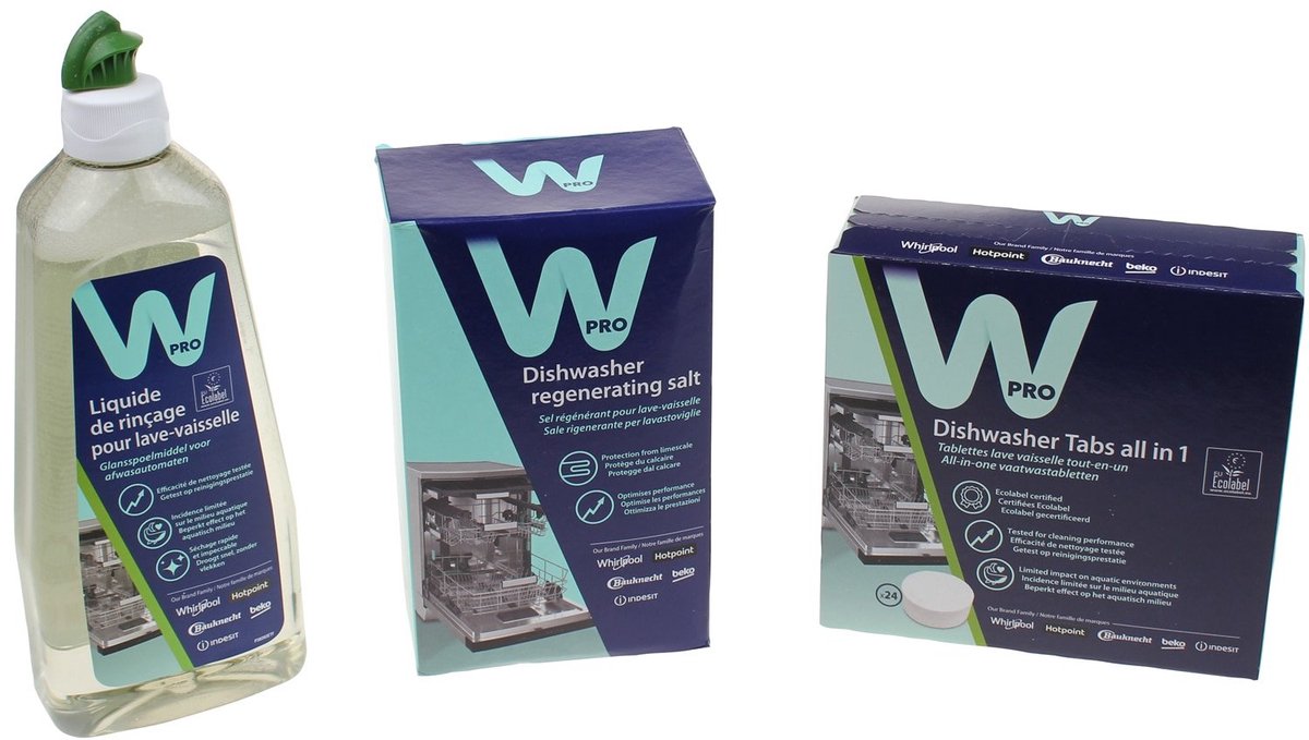 WPRO - Vaatwasseronderhoudsset - 24 tabletten + glansmiddel (500 ml) + zout (1 kg) - C00950097