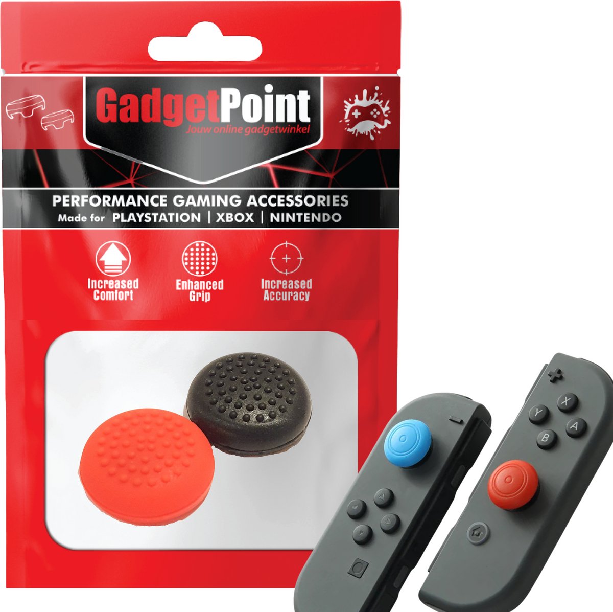 Gadgetpoint - Thumb Grips voor Nintendo Switch Joy-Con Controllers - Gaming Thumbgrips - Performance Anti-Slip Thumbsticks - Bescherming Accessoires - Thumbs Stippen - Zwart/Rood
