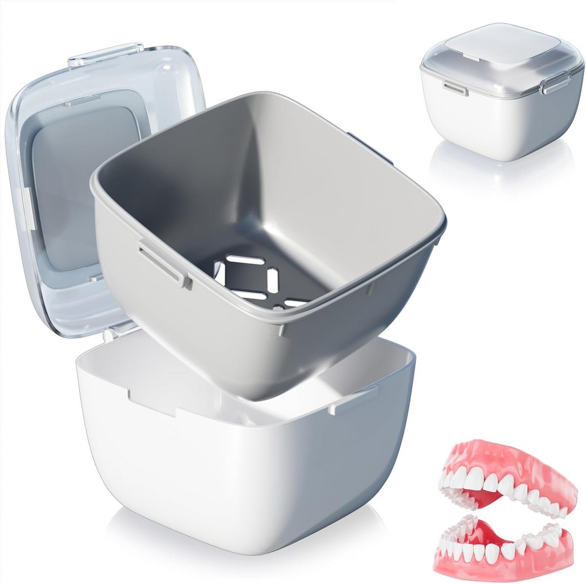 Tandprothesenbox met zeef - Prothesedoos Houder - Kunstgebit Reinigen - Dubbellaags Design - 9 x 9 x 7 cm - Wit