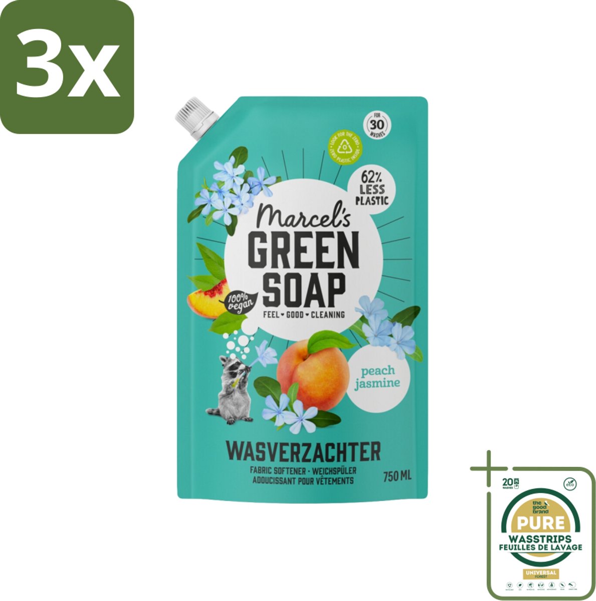 3 x Marcel’s Green Soap – Wasverzachter – Peach & Jasmine Navulling – 750 ml - Grootverpakking - Kabel - Kabels - Kabelsysteem - Kabelsysteem