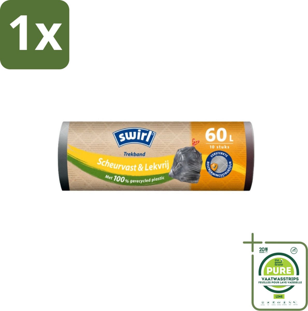 1 x Swirl – Vuilniszakken – 60 L – Trekband – 10 zakken - Afvalzak - Emmerzak - Pedaalemmerzak - Trekband - Lekvrij