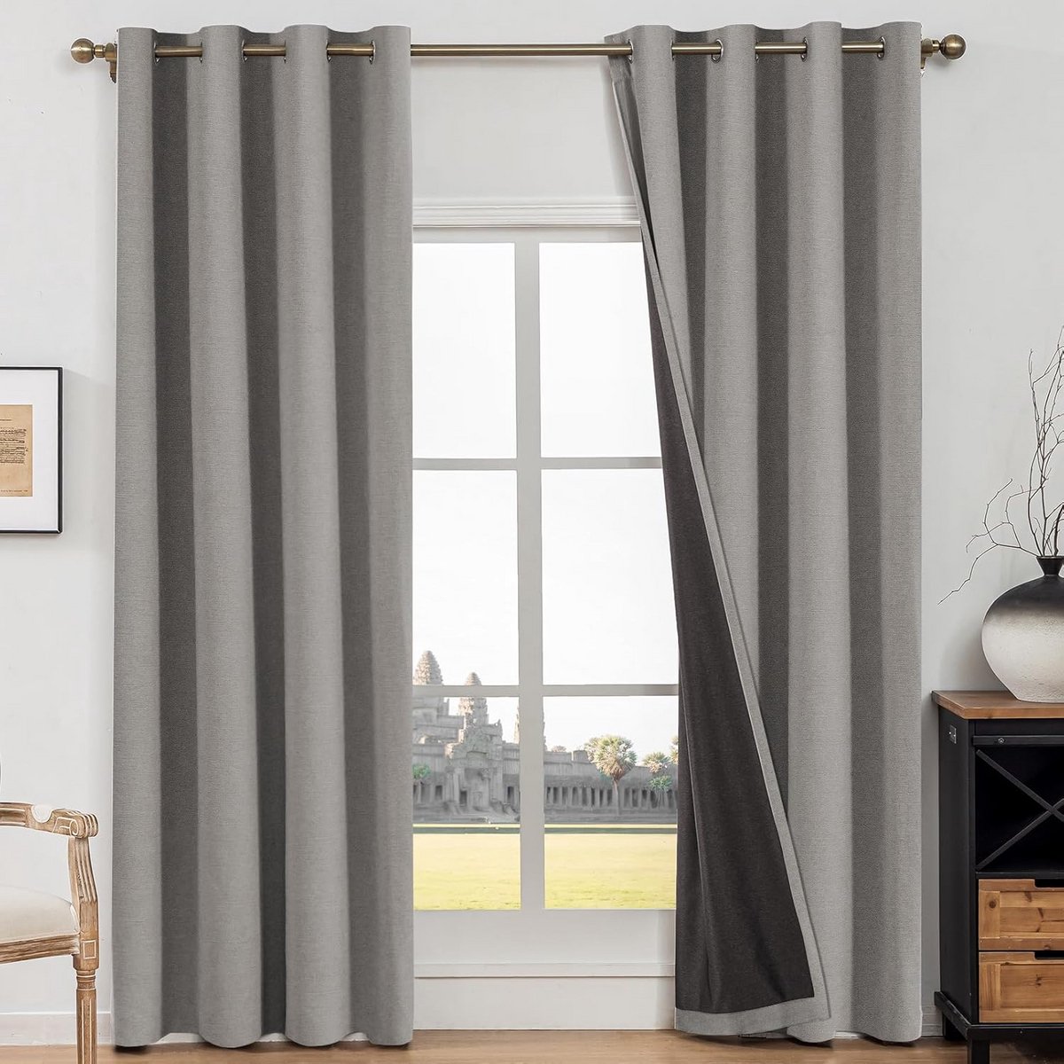 Set van 2 Verduisterende Gordijnen met Ringen, Nep Linnen, Warmte- en Geluidsisolerend